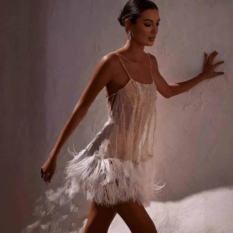 Feather Hem Cocktail Dress - Sheer Silk