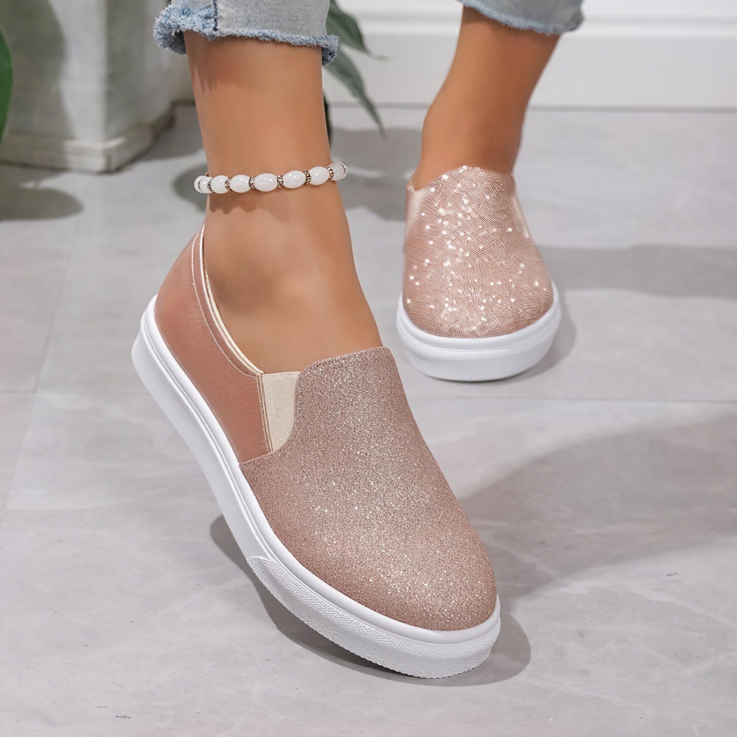 Sparkling Slip-On Flats with Elastic Sides