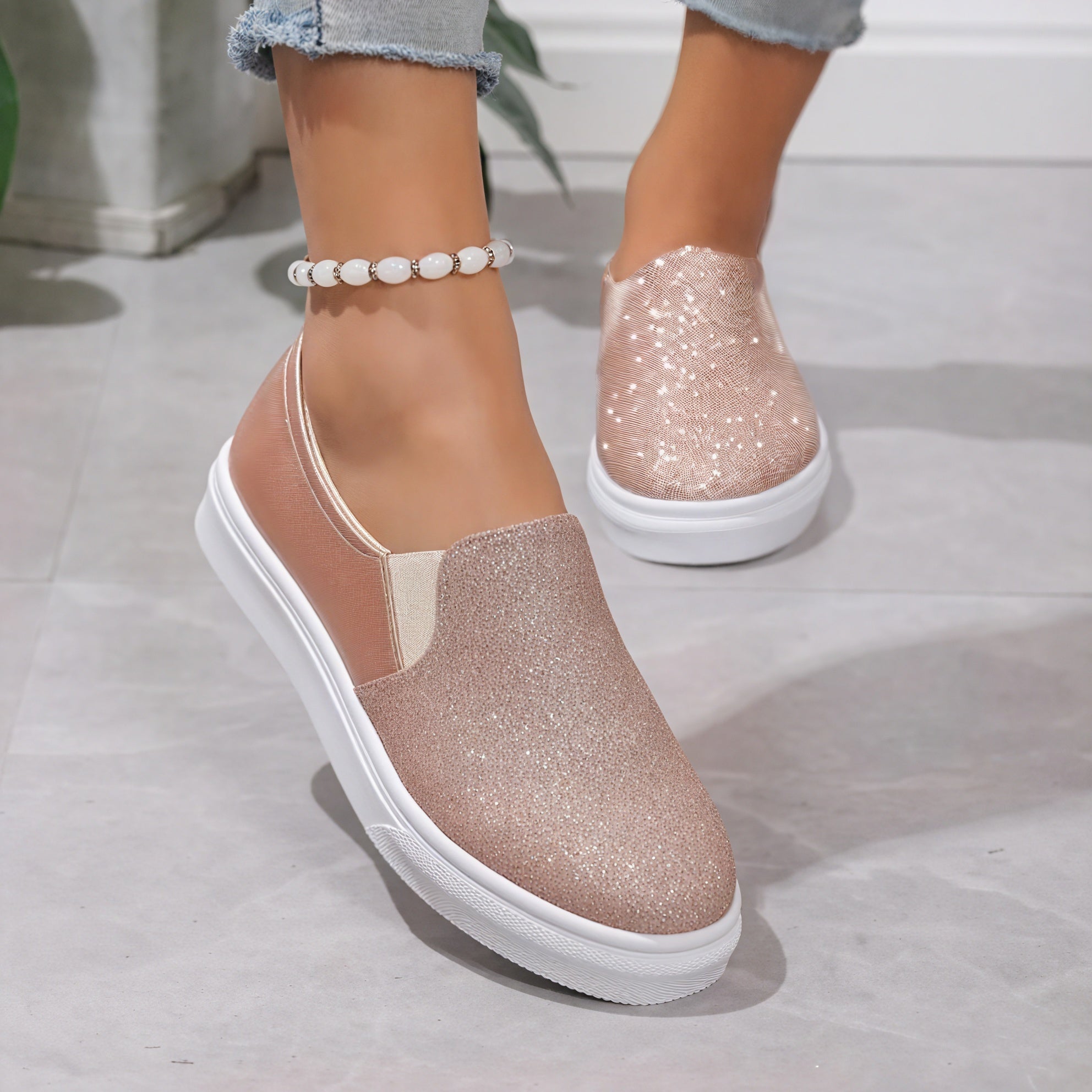 Sparkling Slip-On Flats with Elastic Sides