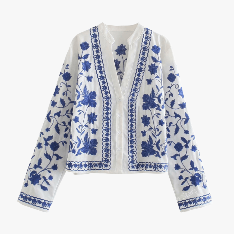 Bohemian Embroidered Cotton Button-Down Jacket