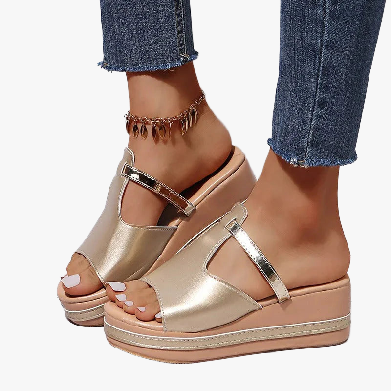 Platform Sandals - T-Strap, Metallic Detail