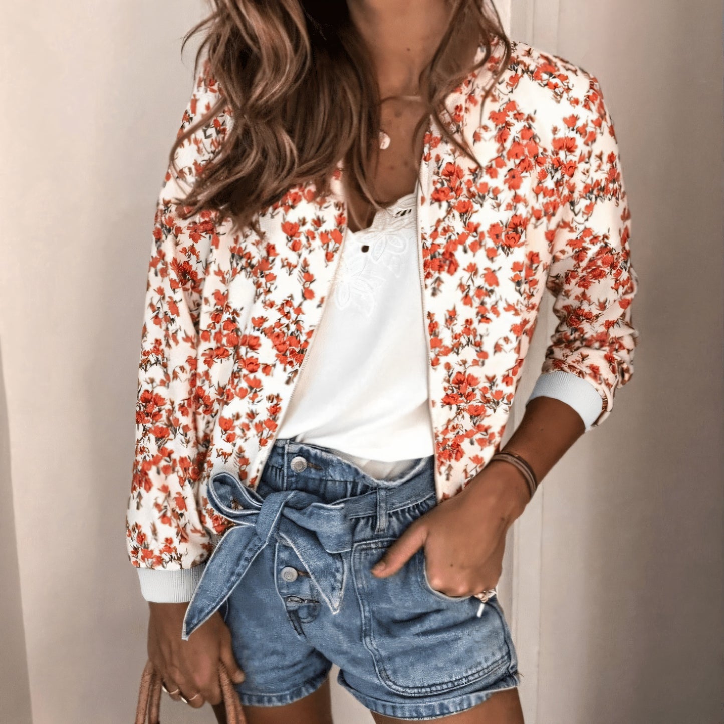 Floral Bomber Jacket - Lightweight, Zip-Up