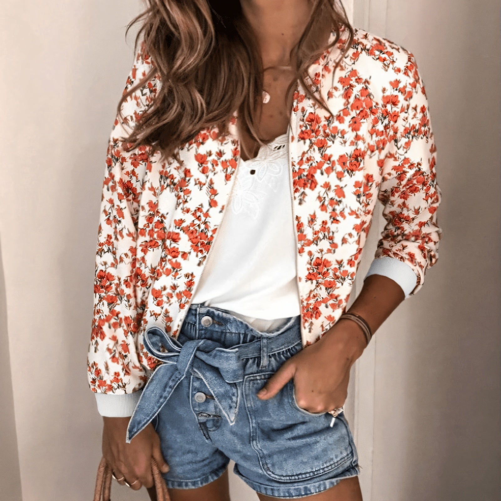 Floral Bomber Jacket - Lightweight, Zip-Up
