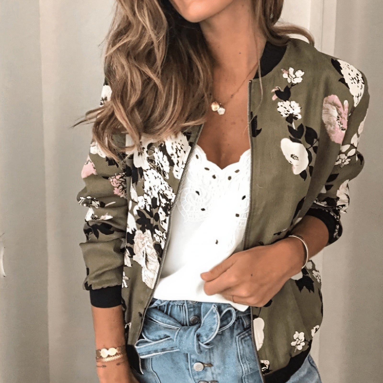 Floral Bomber Jacket - Lightweight, Zip-Up