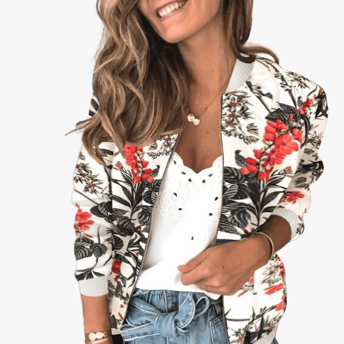 Floral Bomber Jacket - Lightweight, Zip-Up