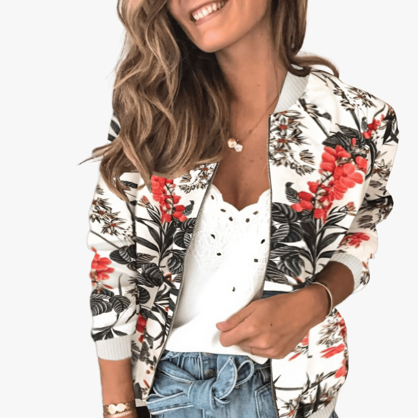 Floral Bomber Jacket - Lightweight, Zip-Up