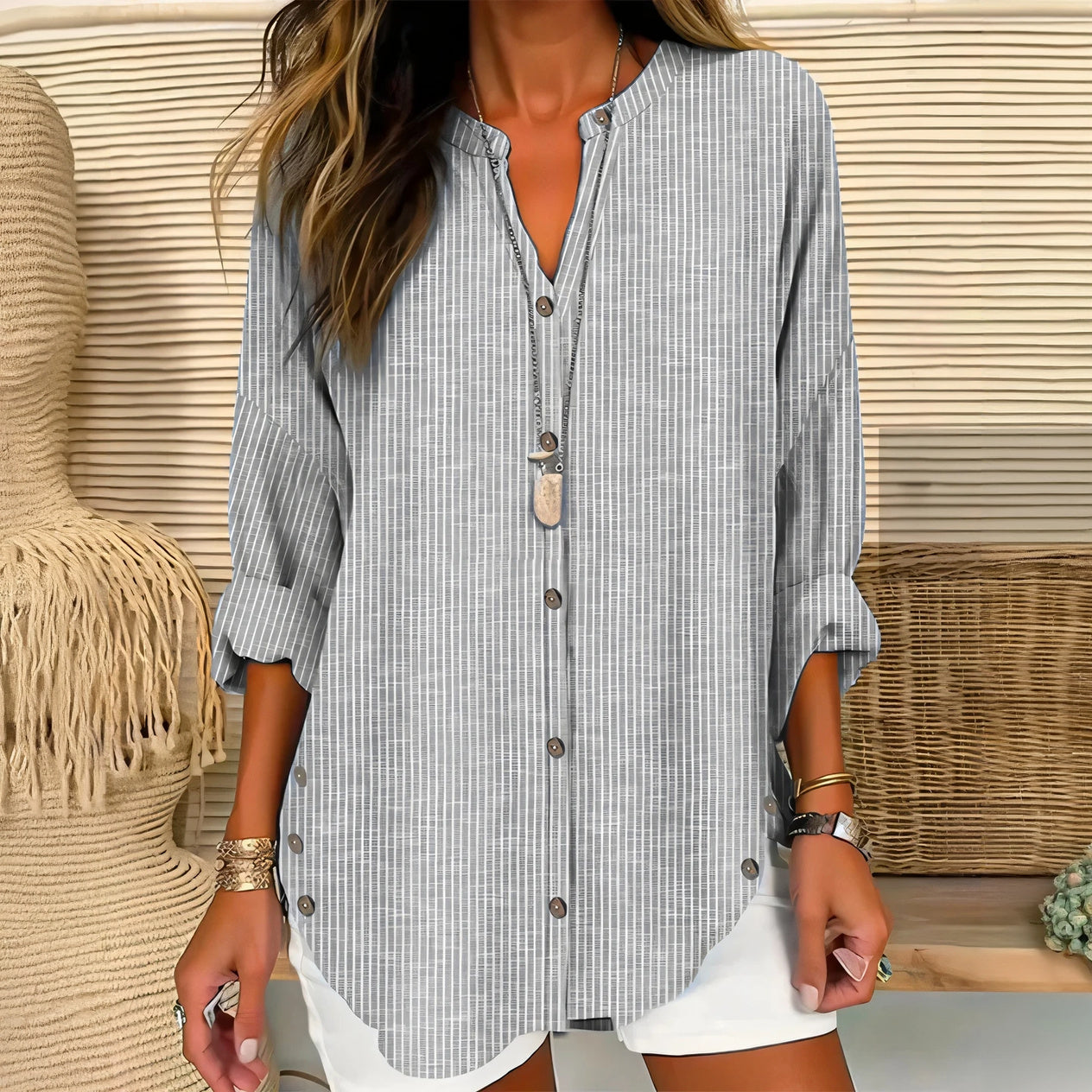 Casual Striped Button-Down Blouse - 3/4 Sleeve