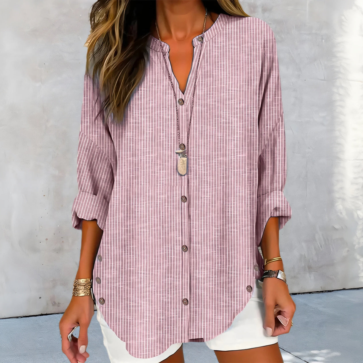 Casual Striped Button-Down Blouse - 3/4 Sleeve
