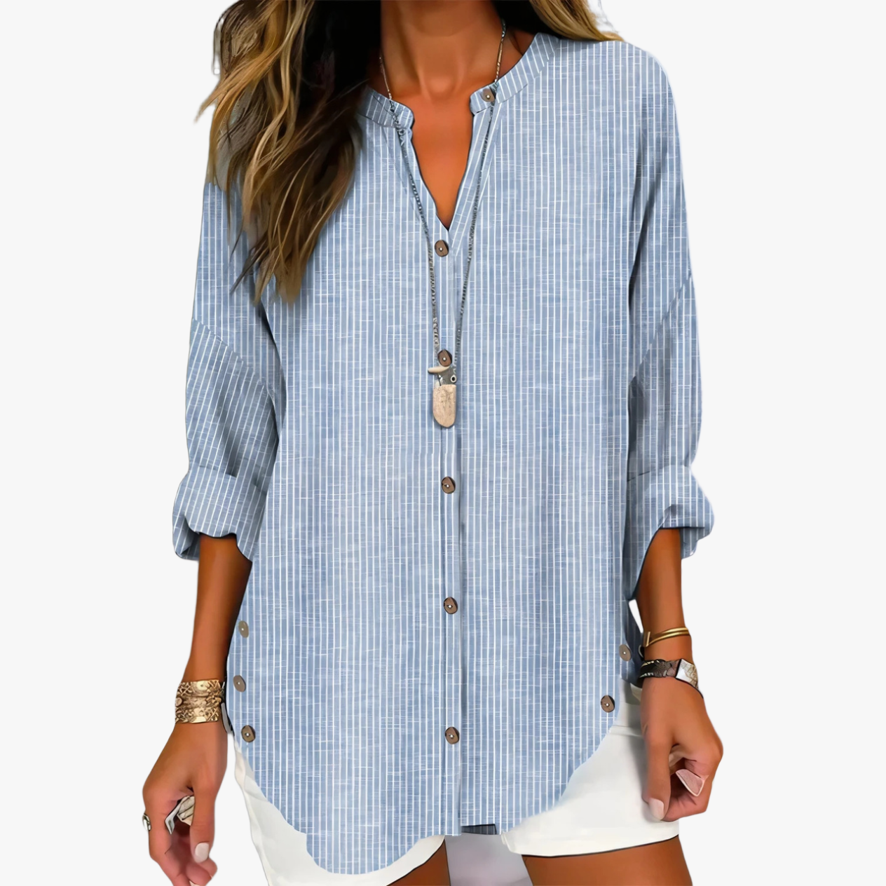 Casual Striped Button-Down Blouse - 3/4 Sleeve