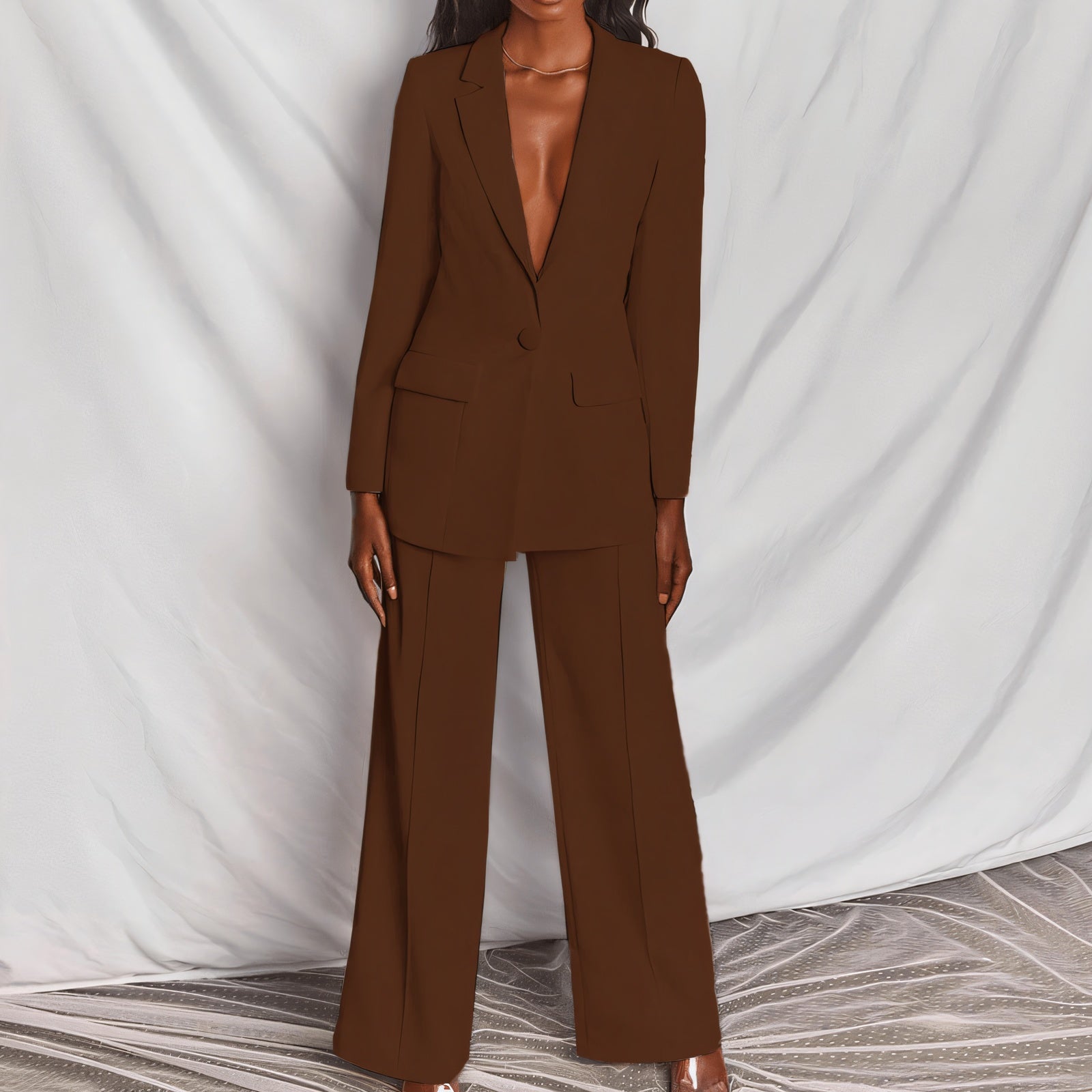 Modern Suit with Wide-Leg Trousers and V-Neck