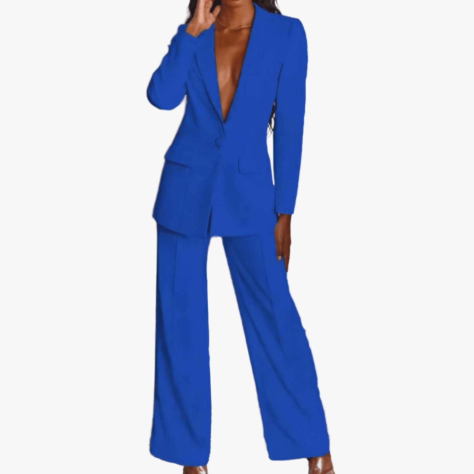 Modern Suit with Wide-Leg Trousers and V-Neck