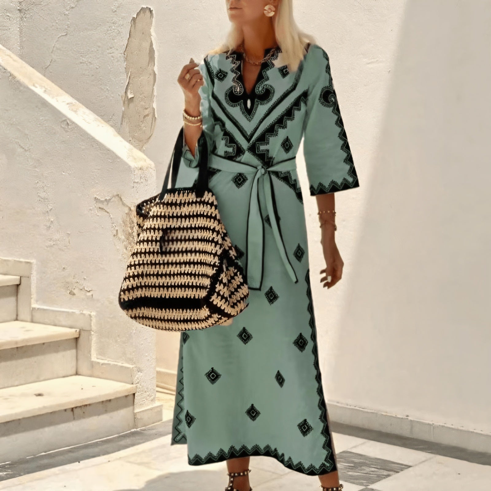 Bohemian Maxi Dress with Geometric Print