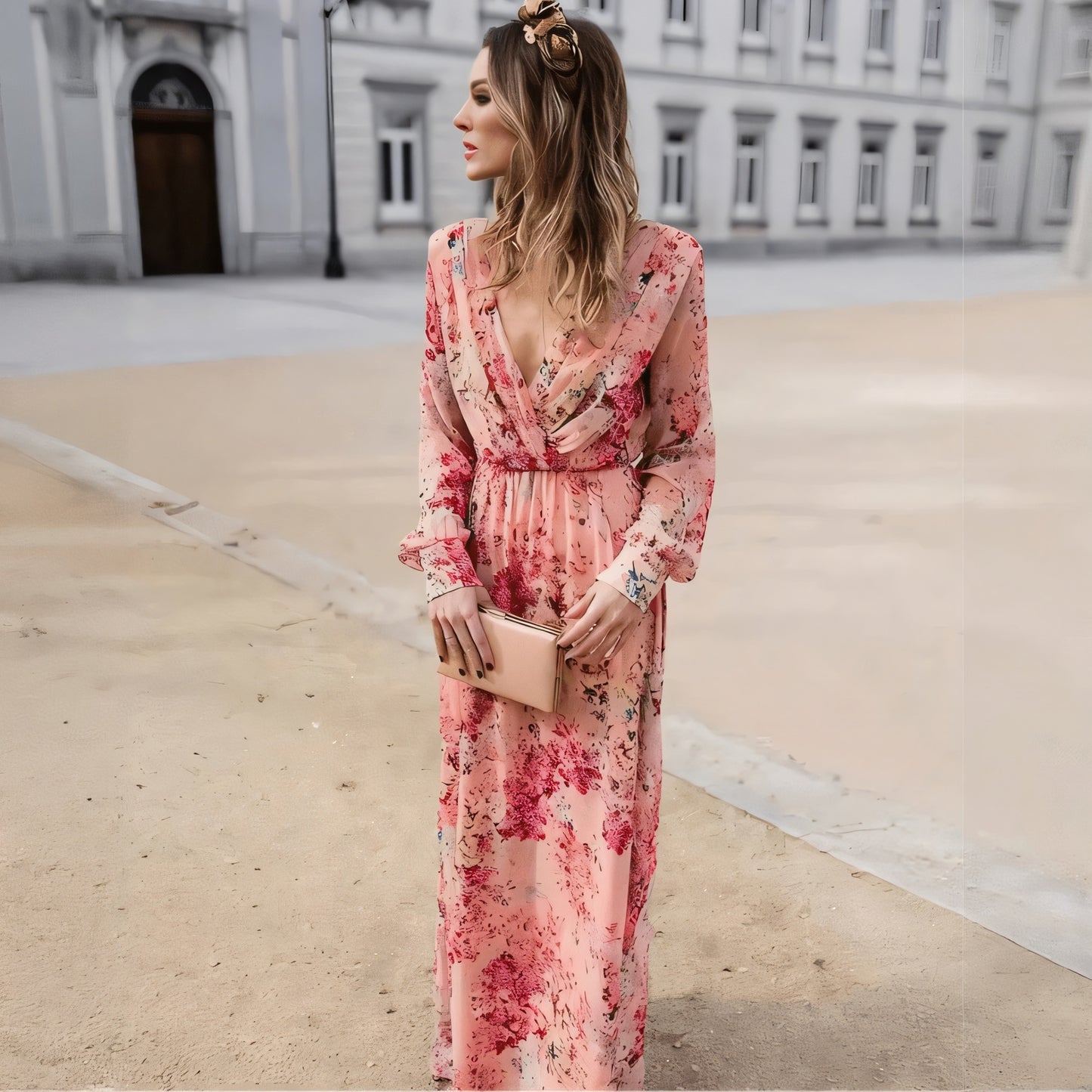 Floral Maxi Dress - V-Neck, Cinched Waist