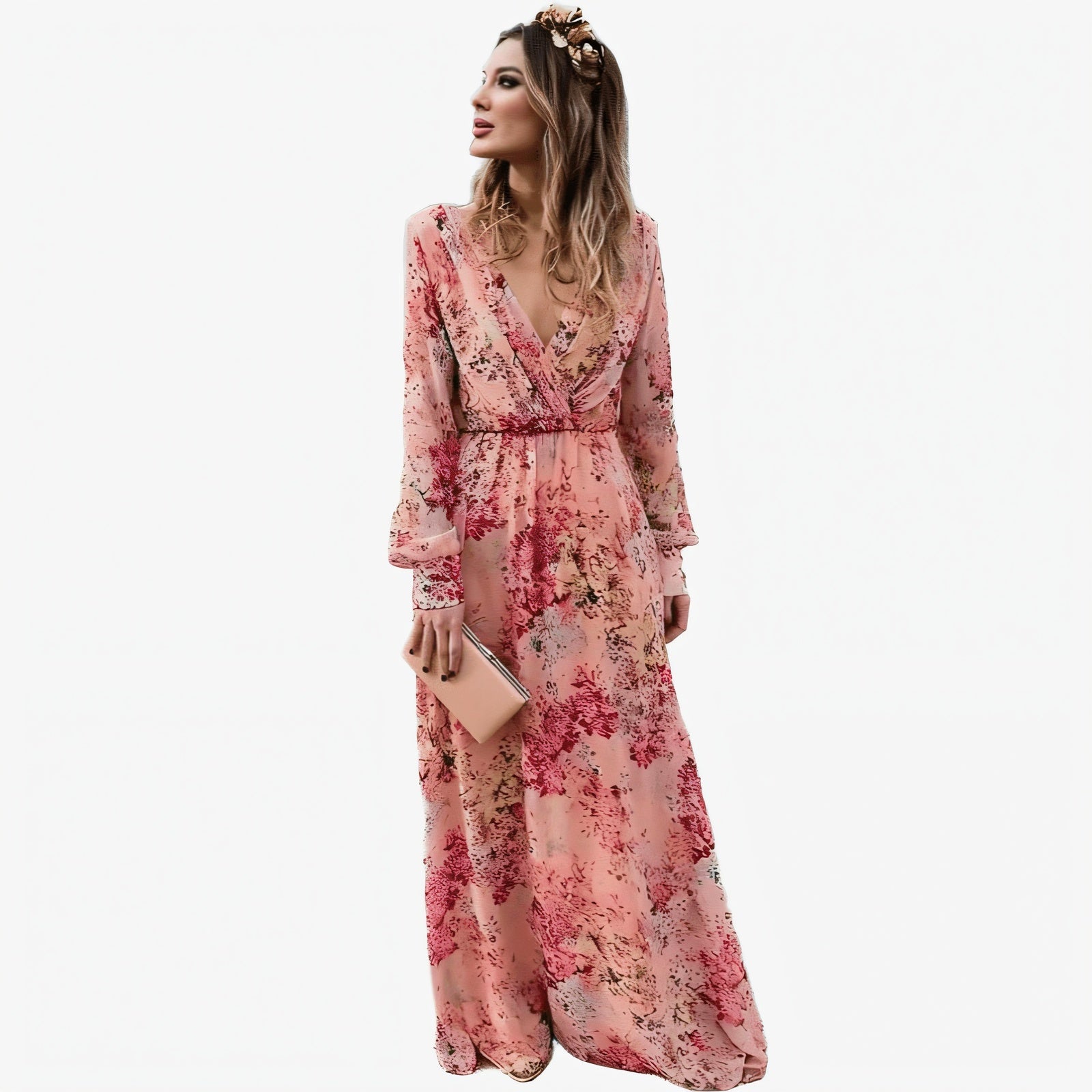 Floral Maxi Dress - V-Neck, Cinched Waist