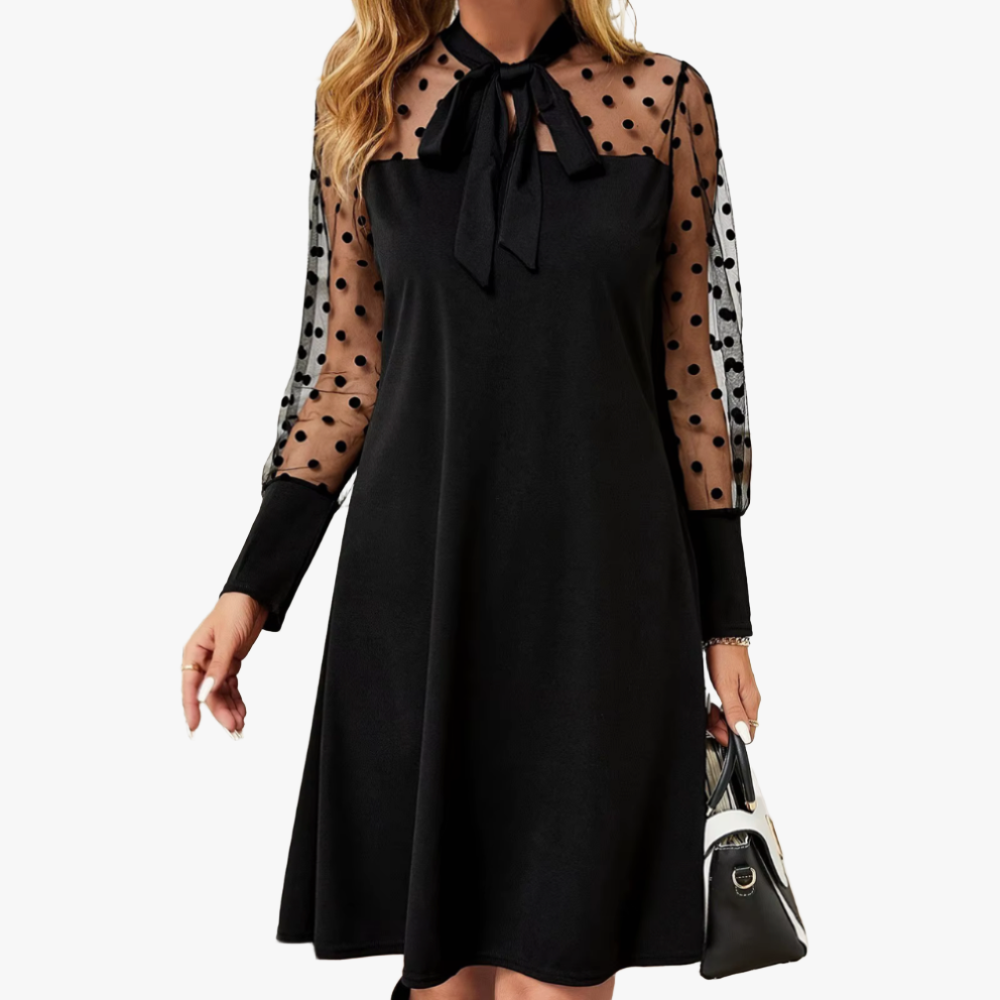 Polka Dot Cocktail Dress - Sheer Sleeve Bow Neck