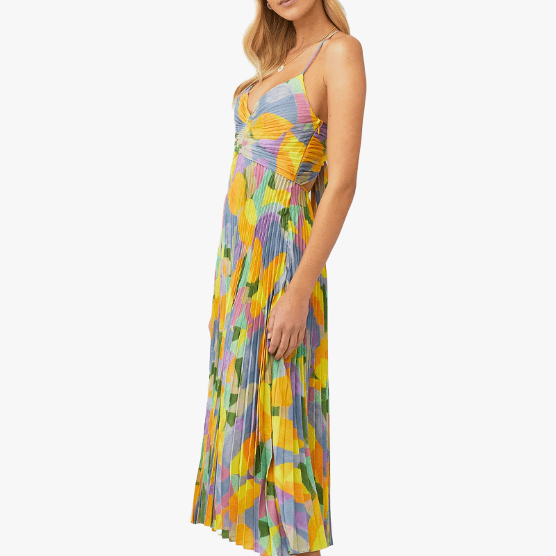 Pleated Midi Dress - Sweetheart Neckline - Multi