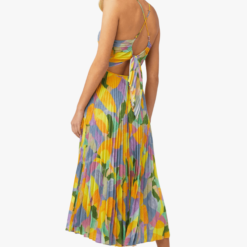 Pleated Midi Dress - Sweetheart Neckline - Multi