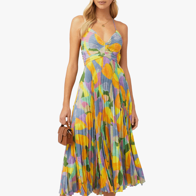 Pleated Midi Dress - Sweetheart Neckline - Multi