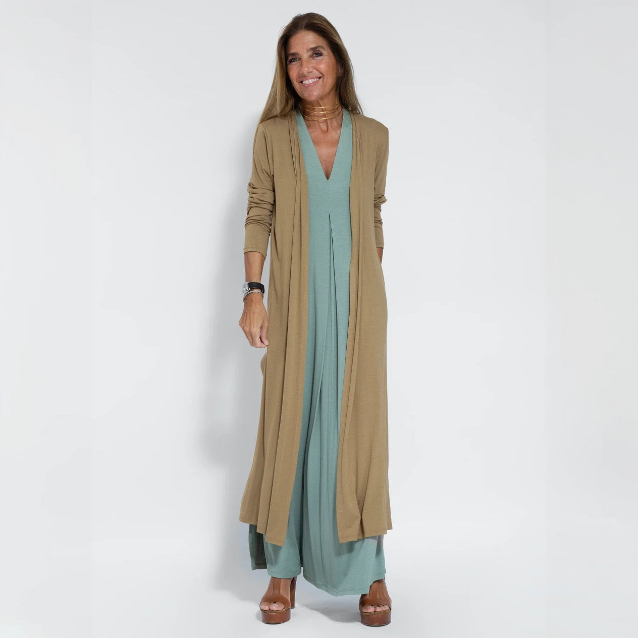 V-Neck Maxi Dress - Flowing Silhouette, Side Slits