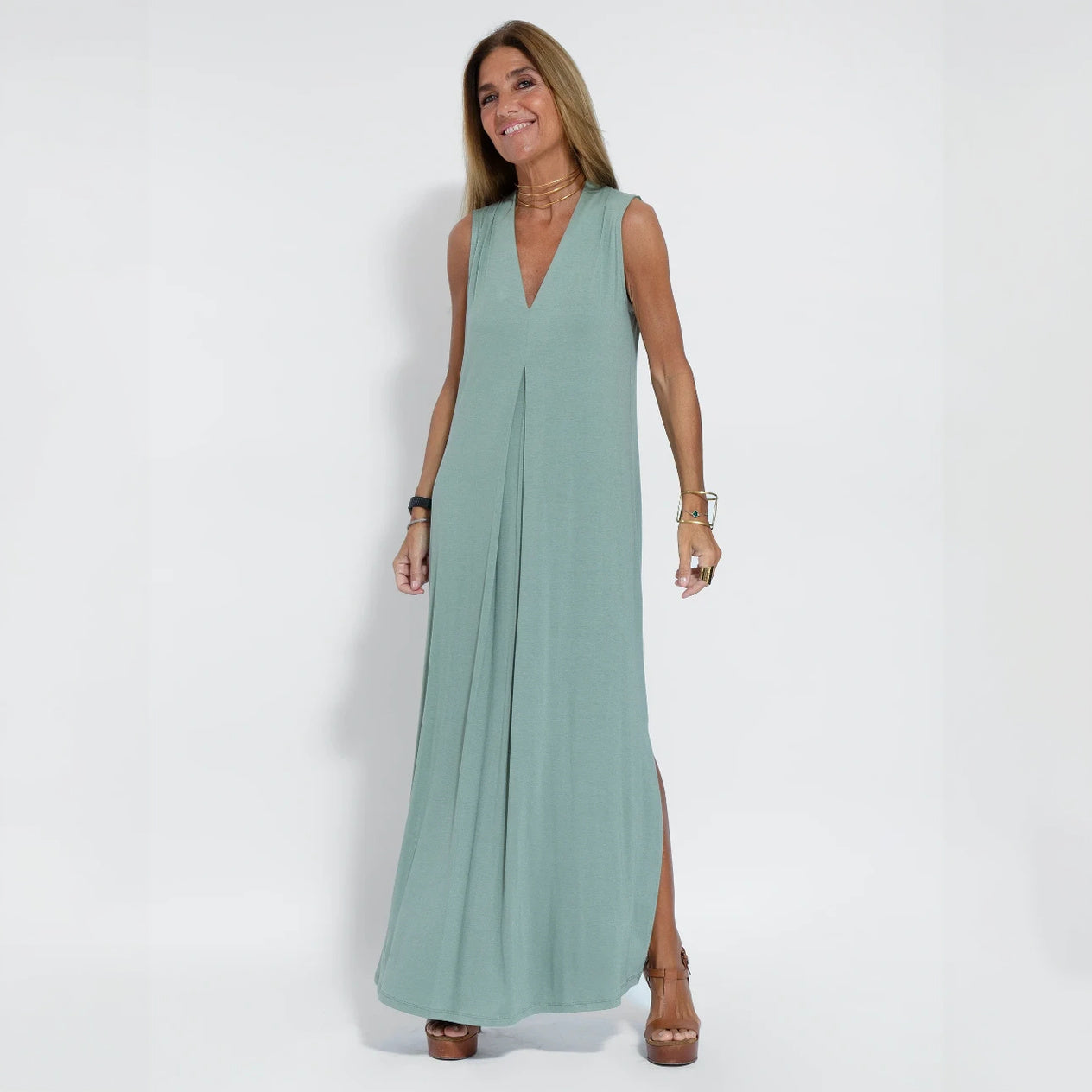 V-Neck Maxi Dress - Flowing Silhouette, Side Slits