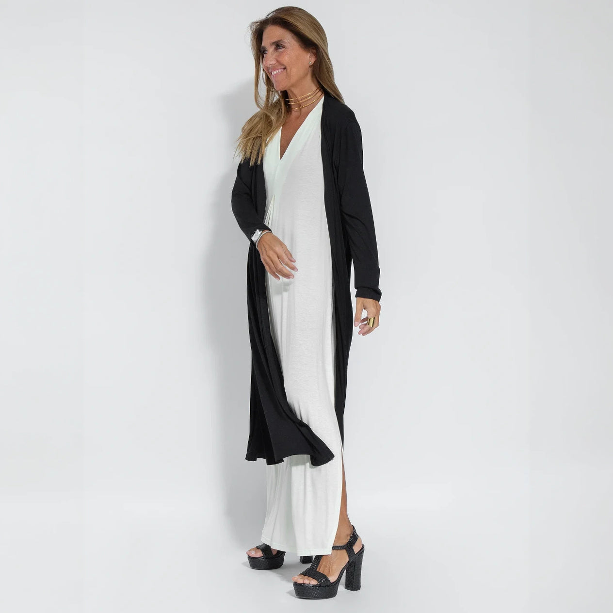 V-Neck Maxi Dress - Flowing Silhouette, Side Slits