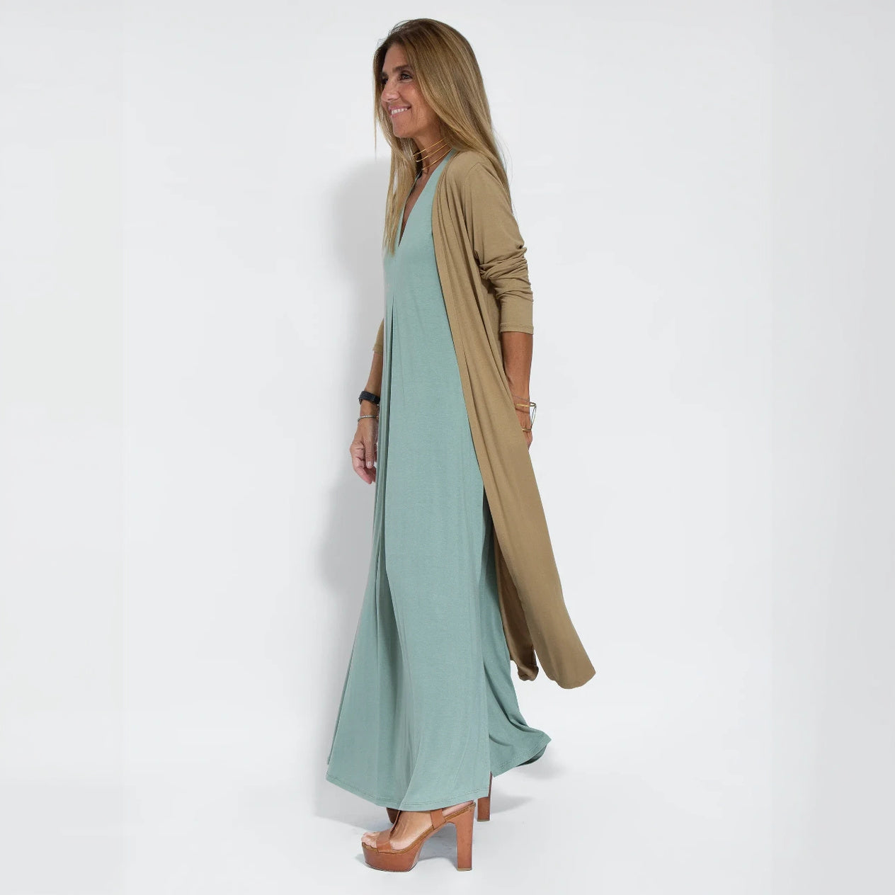 V-Neck Maxi Dress - Flowing Silhouette, Side Slits