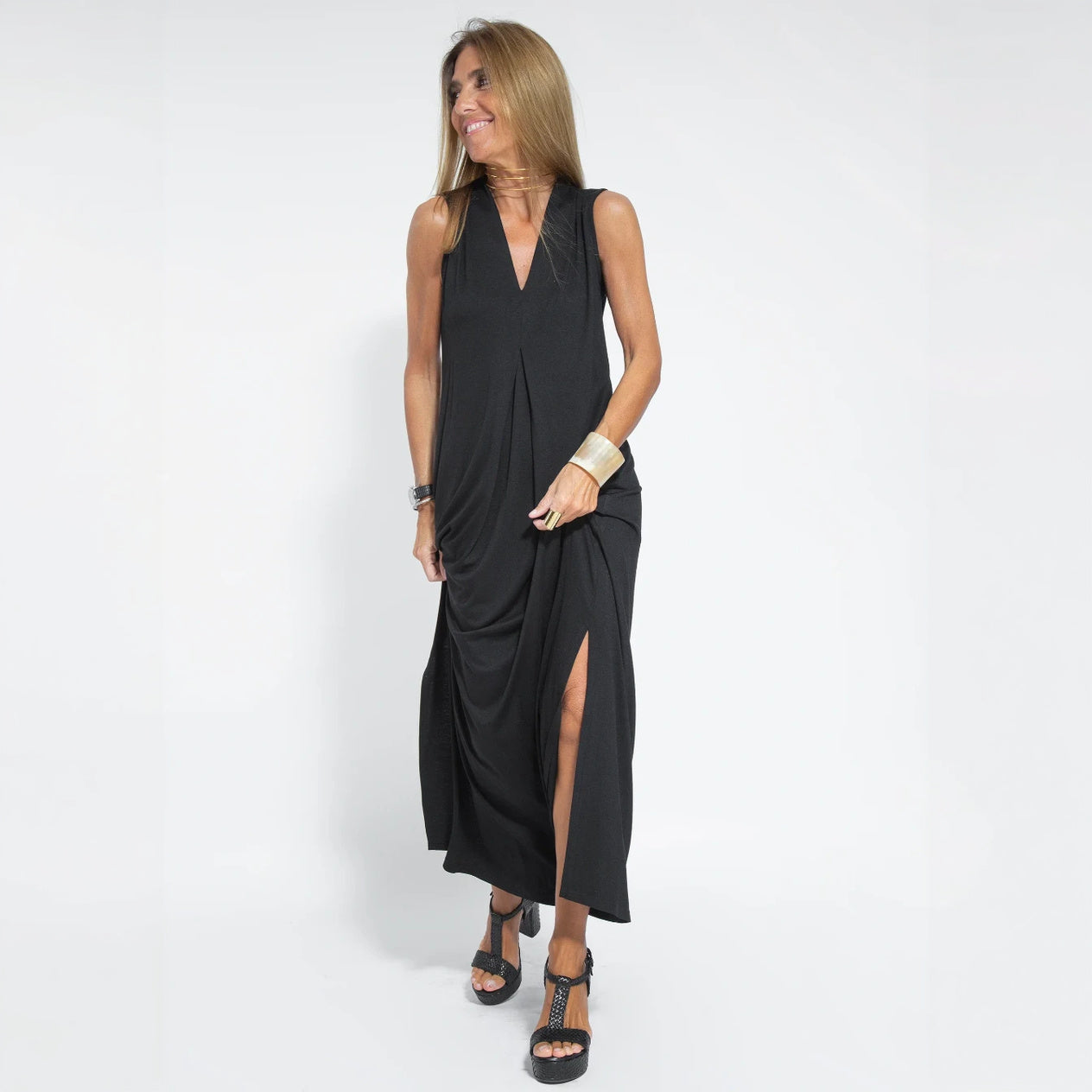 V-Neck Maxi Dress - Flowing Silhouette, Side Slits