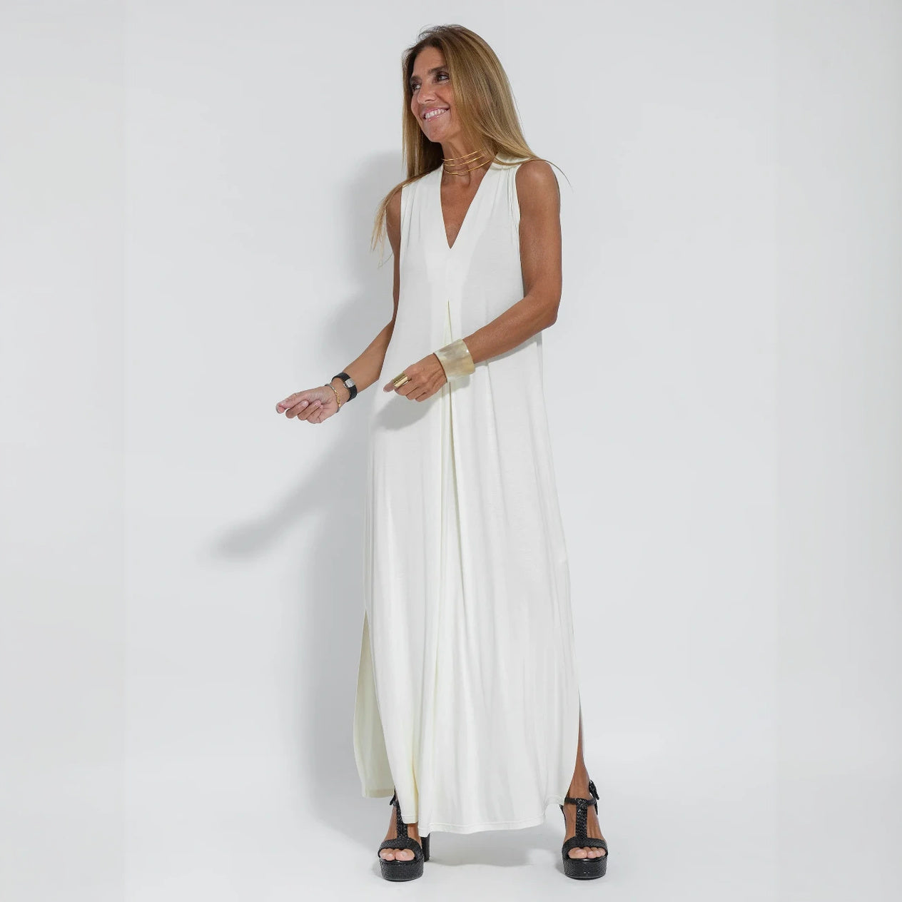 V-Neck Maxi Dress - Flowing Silhouette, Side Slits