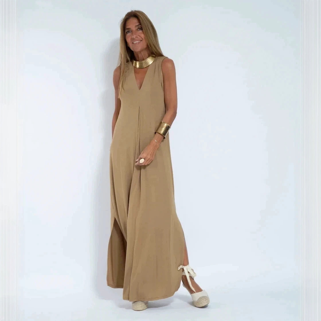 V-Neck Maxi Dress - Flowing Silhouette, Side Slits
