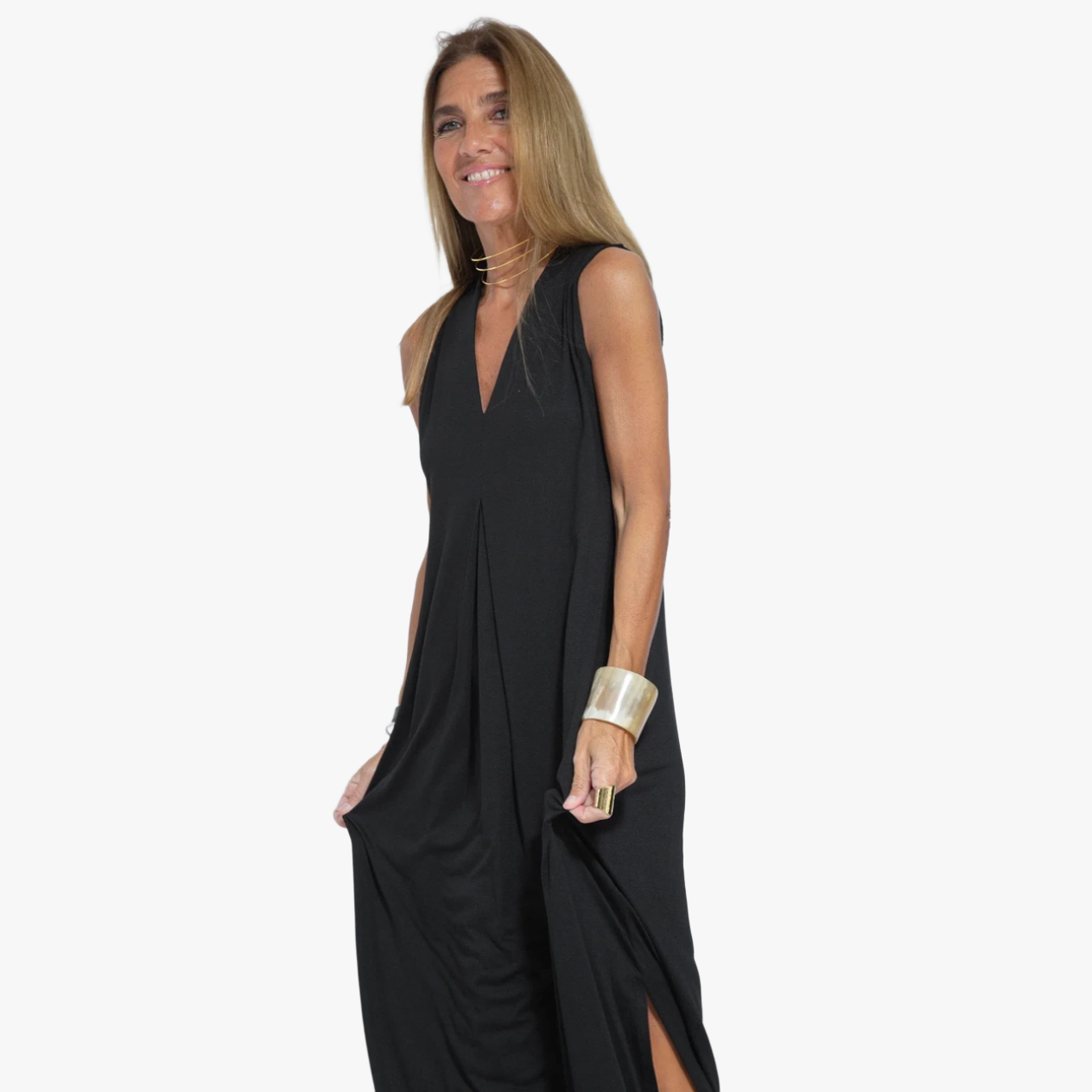 V-Neck Maxi Dress - Flowing Silhouette, Side Slits