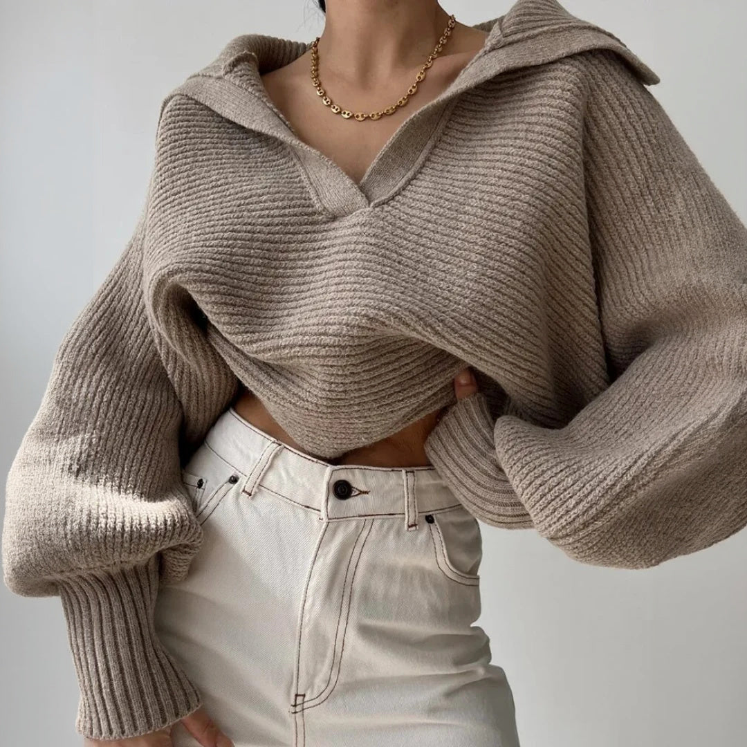 Knit Sweater - Oversized Ribbed V-Neck Top