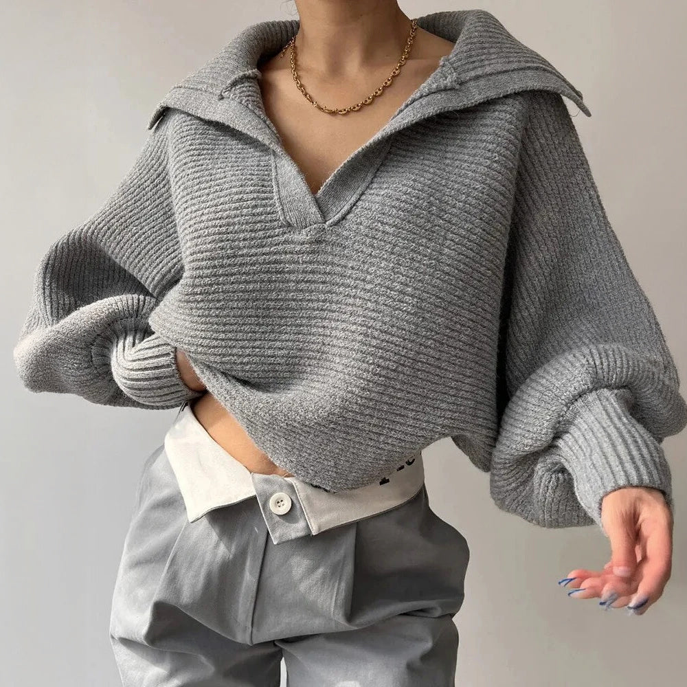 Knit Sweater - Oversized Ribbed V-Neck Top