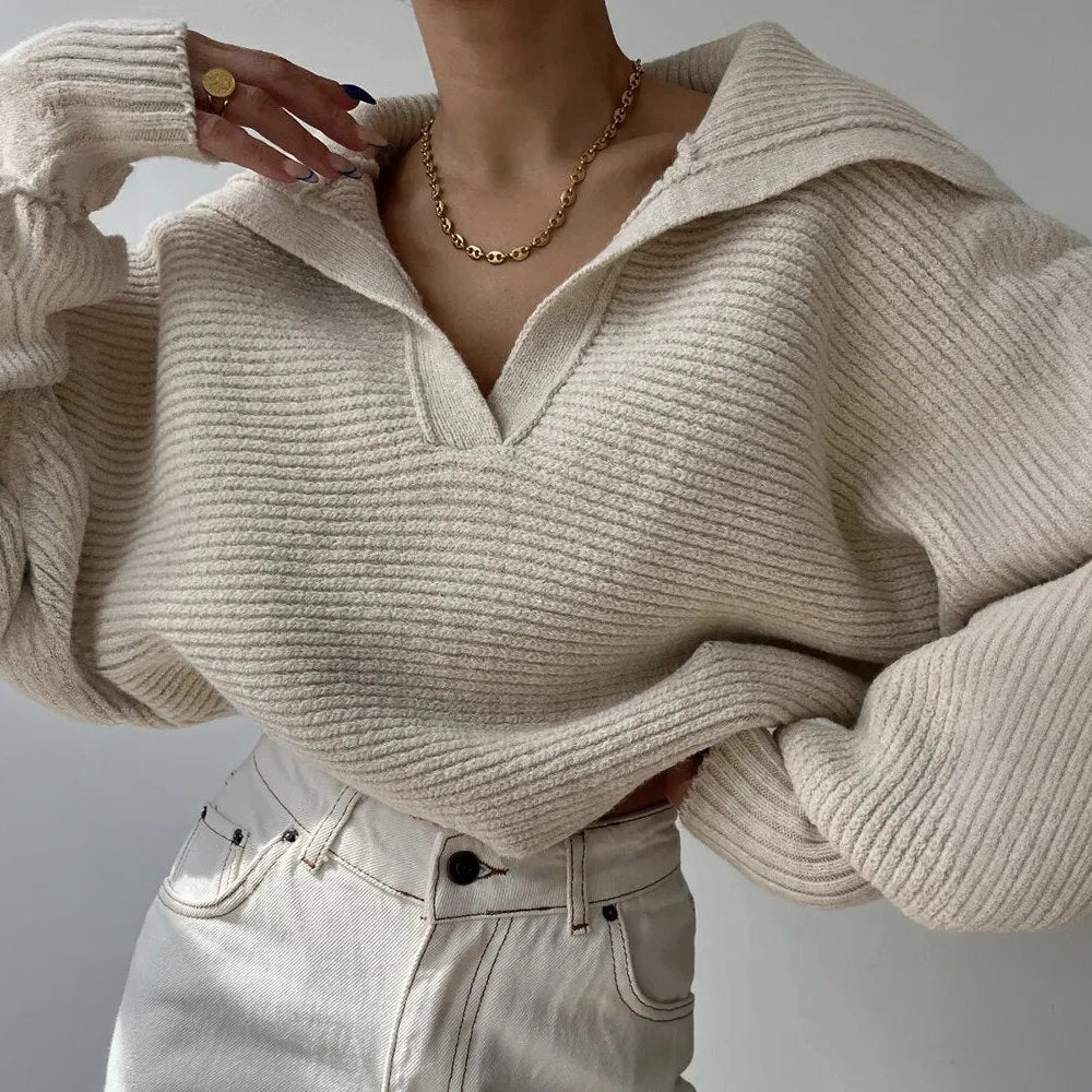 Knit Sweater - Oversized Ribbed V-Neck Top