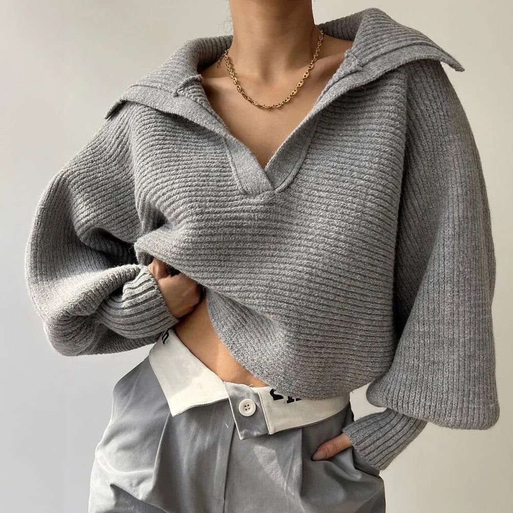 Knit Sweater - Oversized Ribbed V-Neck Top