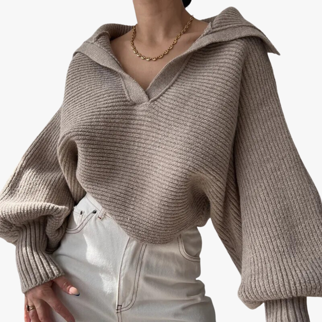 Knit Sweater - Oversized Ribbed V-Neck Top