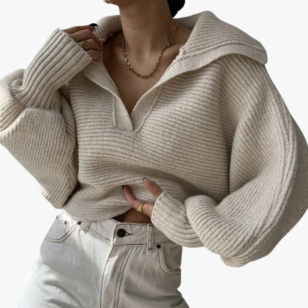 Knit Sweater - Oversized Ribbed V-Neck Top