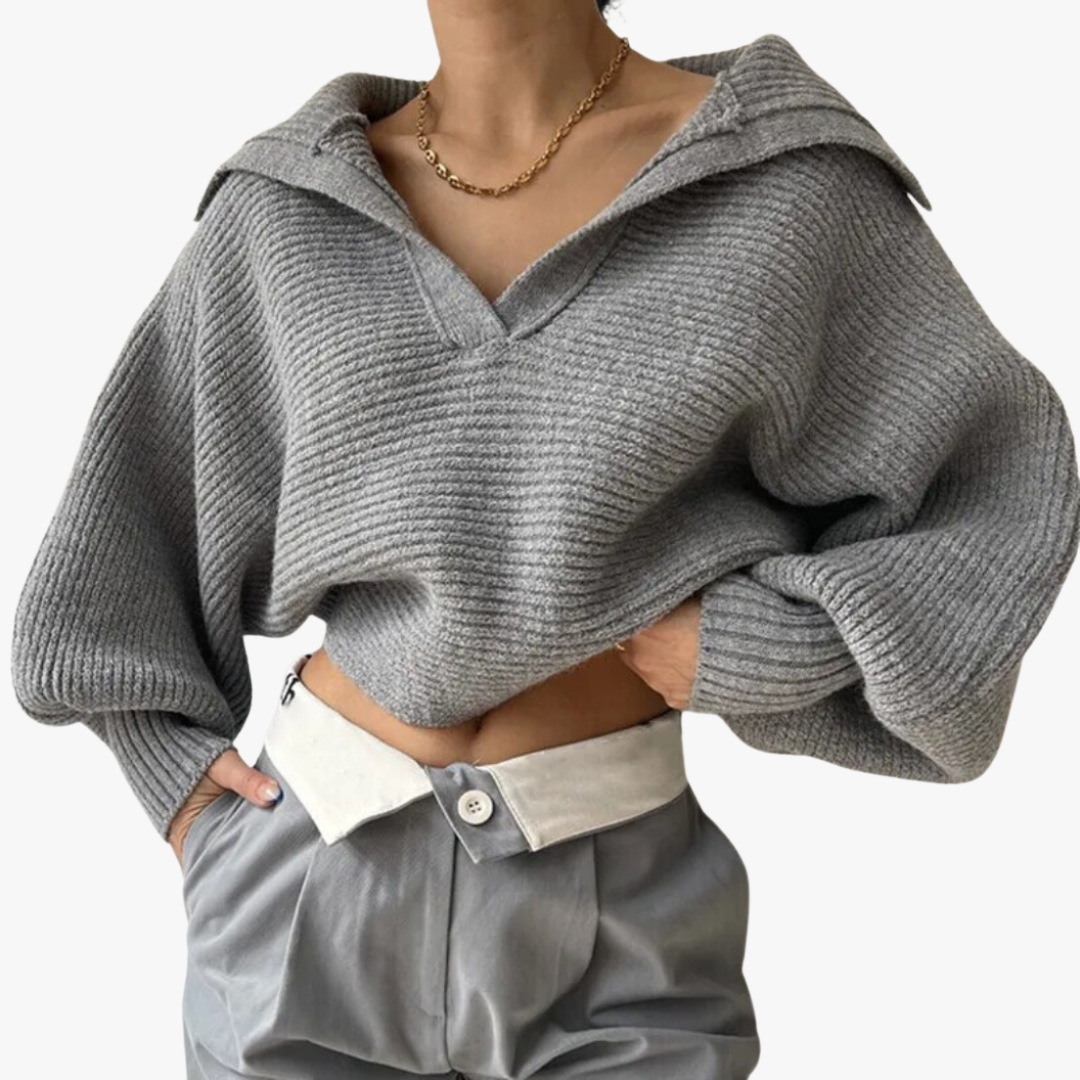 Knit Sweater - Oversized Ribbed V-Neck Top