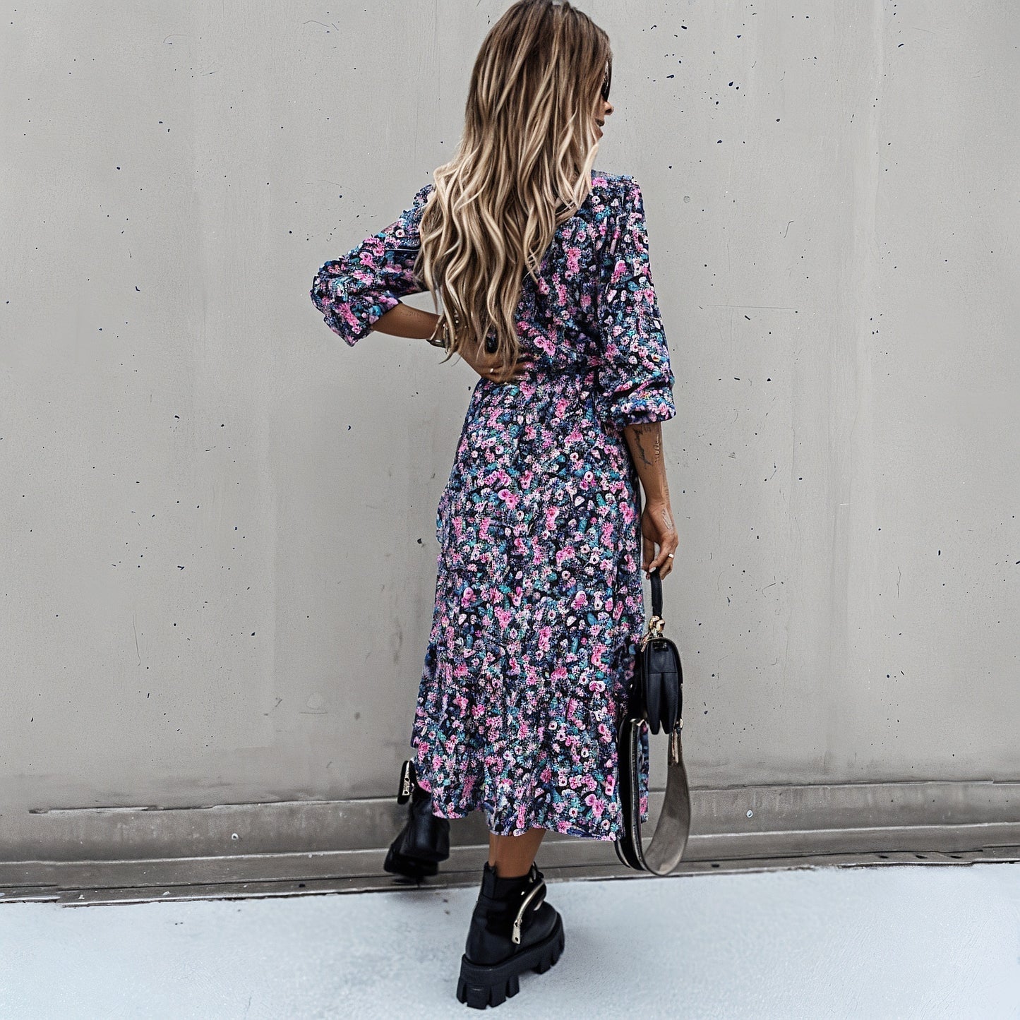 Floral Midi Dress with V-Neck and Slit
