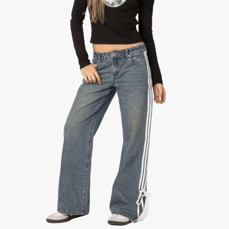 Wide-Leg Jeans – High Waist, Cable Knit Stripe