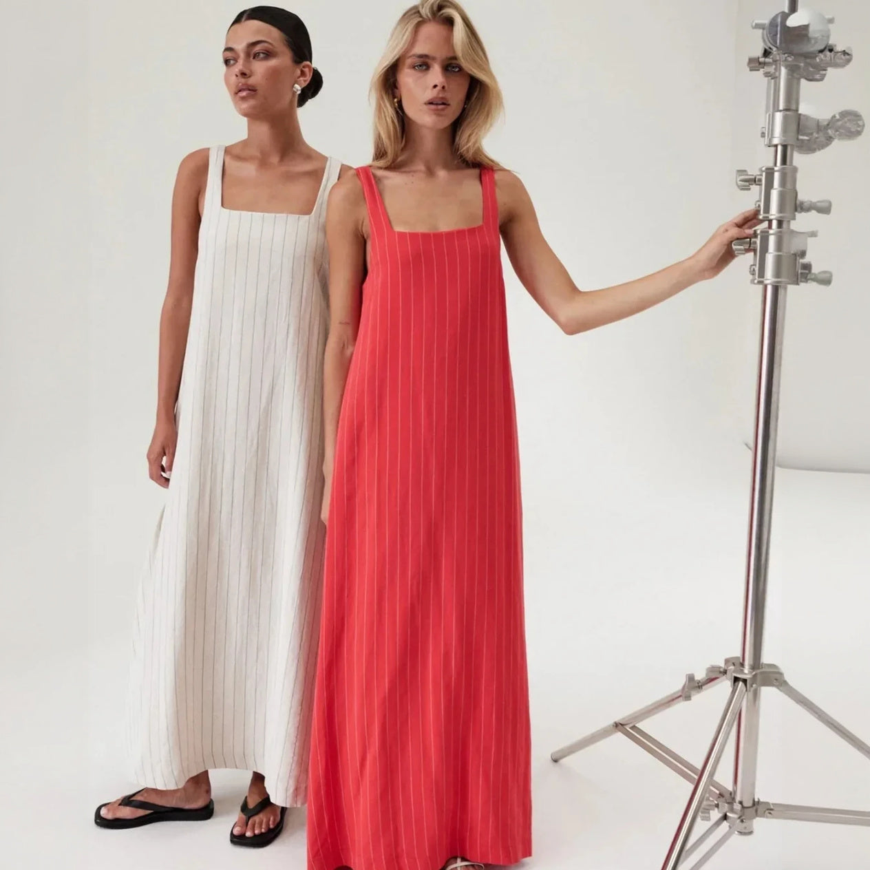 Square Neck Maxi Dress - Striped Cotton Linen