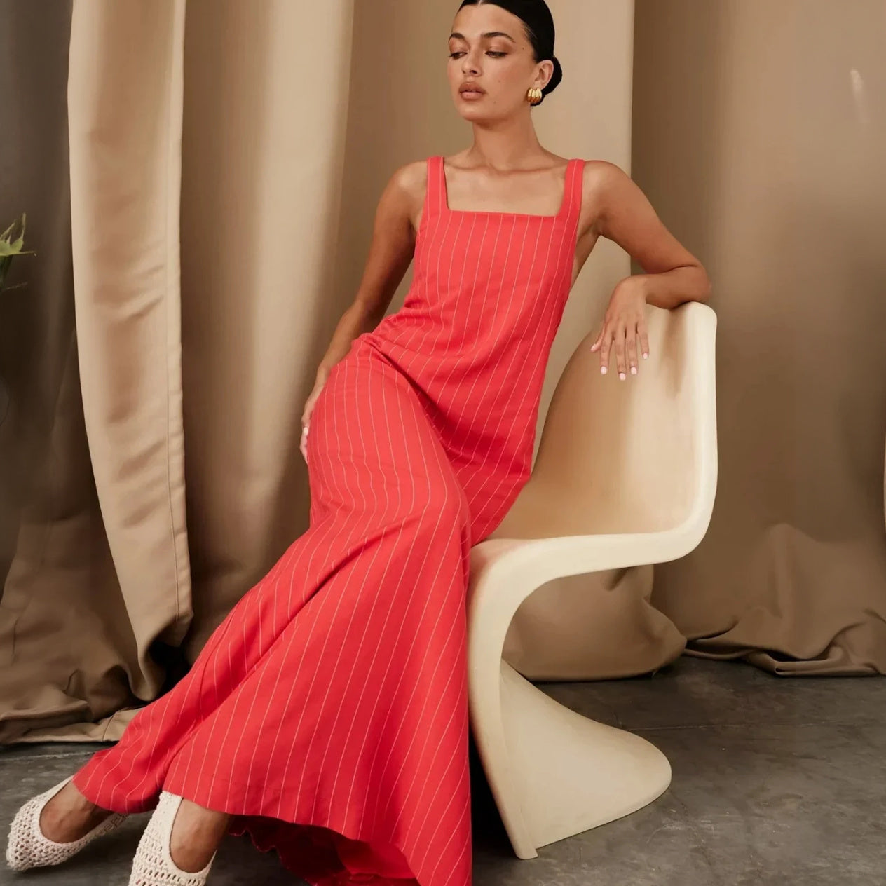 Square Neck Maxi Dress - Striped Cotton Linen