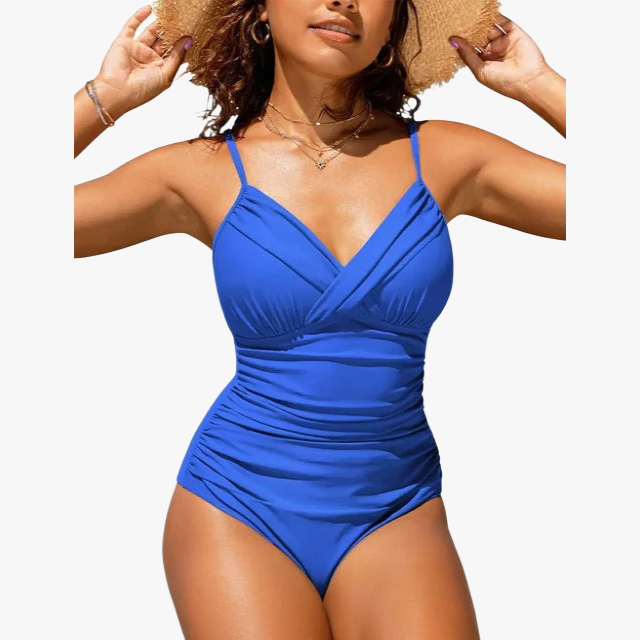 Ruched Swimsuit - V-Neck, Adjustable Straps