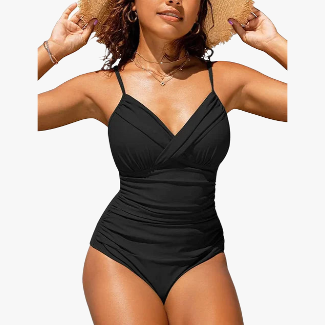 Ruched Swimsuit - V-Neck, Adjustable Straps