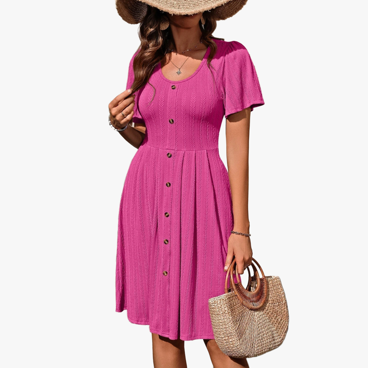 Ribbed A-Line Dress - Flutter Sleeves, Knit