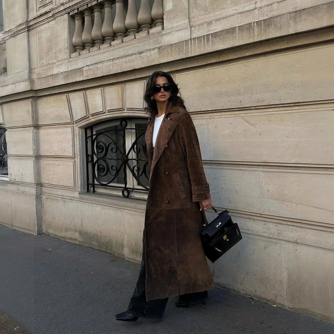 Suede Trench Coat - Double-Breasted, Oversized