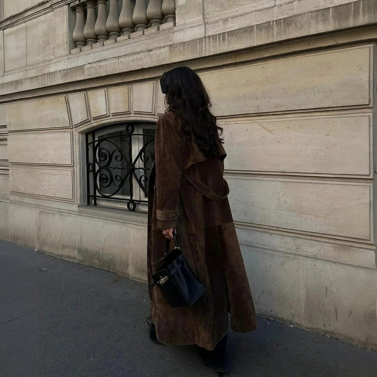 Suede Trench Coat - Double-Breasted, Oversized