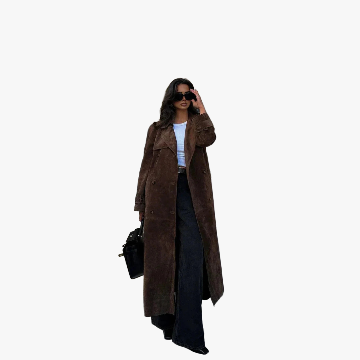 Suede Trench Coat - Double-Breasted, Oversized