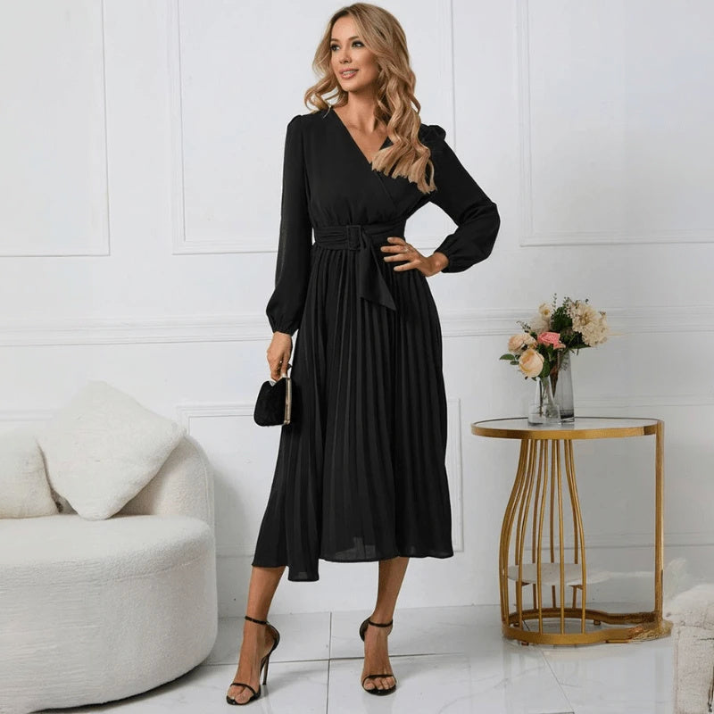 Wrap Cocktail Dress - Pleated Midi Skirt
