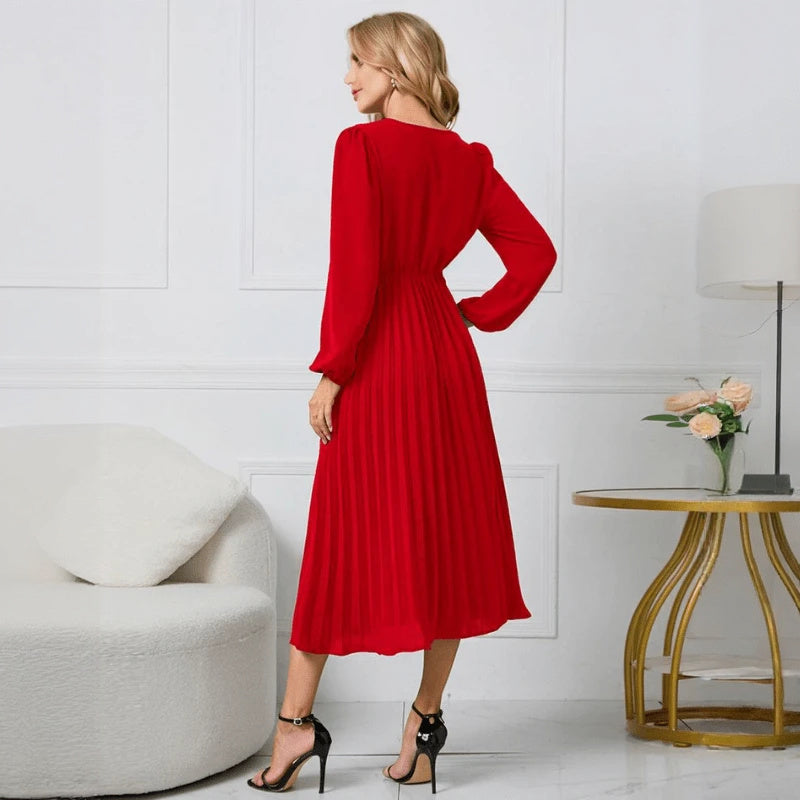 Wrap Cocktail Dress - Pleated Midi Skirt