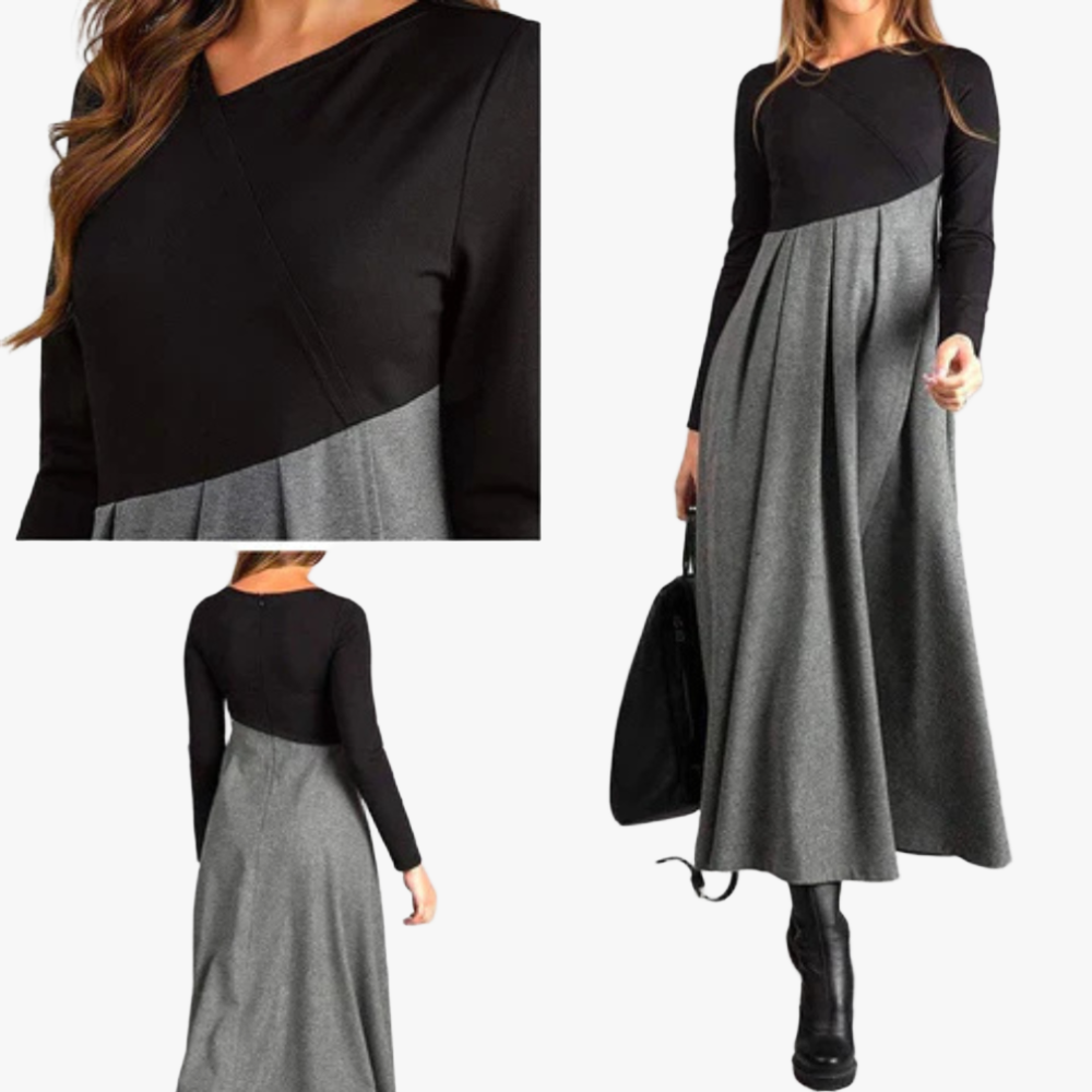 A-Line Midi Dress - Cut-Out Neck, Long Sleeve
